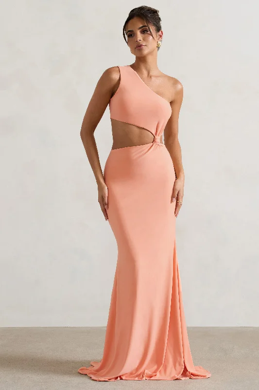 Aspyn | Coral Asymmetric Twisted Cut-Out Fishtail Maxi Dress Stylish A-Line Maxi Dress