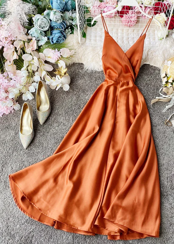 Chic Orange V Neck Patchwork Silk Slip Maxi Dress Summer Comfortable Pleated Maxi Dress