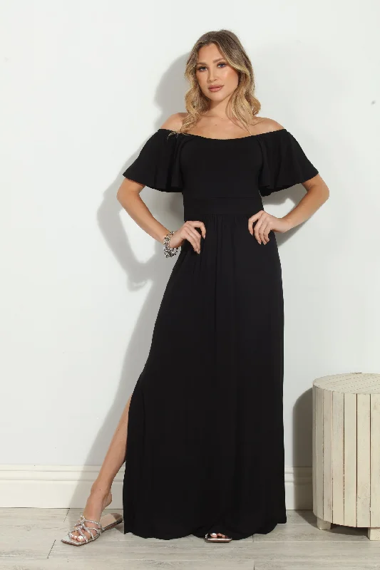 Jersey Black Off The Shoulder Maxi Dress Comfortable Maxi Dress with Sleeves