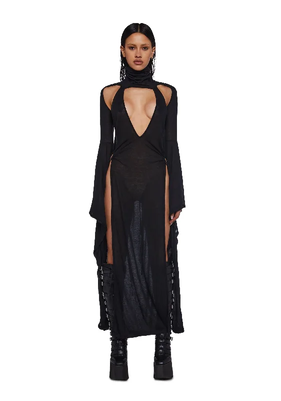 Frequency Bell Sleeve Maxi Dress - Black Elegant Pleated Maxi Dress