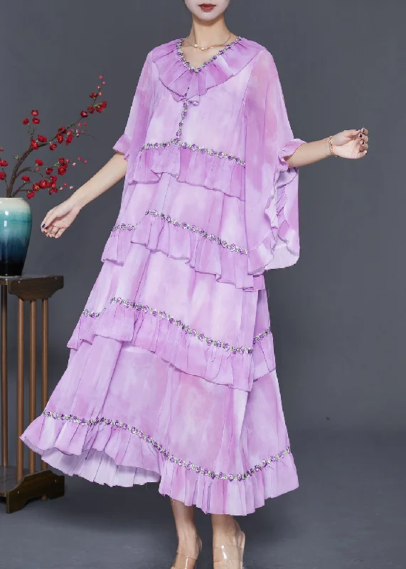 Elegant Light Purple Ruffled Tie Dye Chiffon Maxi Dresses Summer Stylish Button-Up Maxi Dress