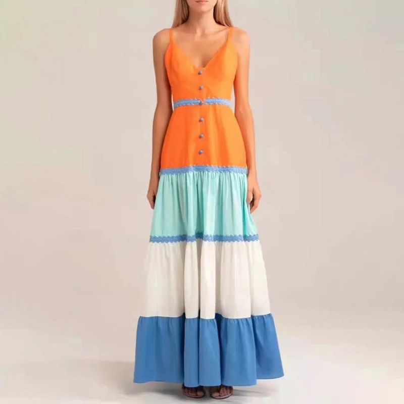 Contrast Color Block Sleeveless Maxi Dress Trendy Maxi Dress with Bow