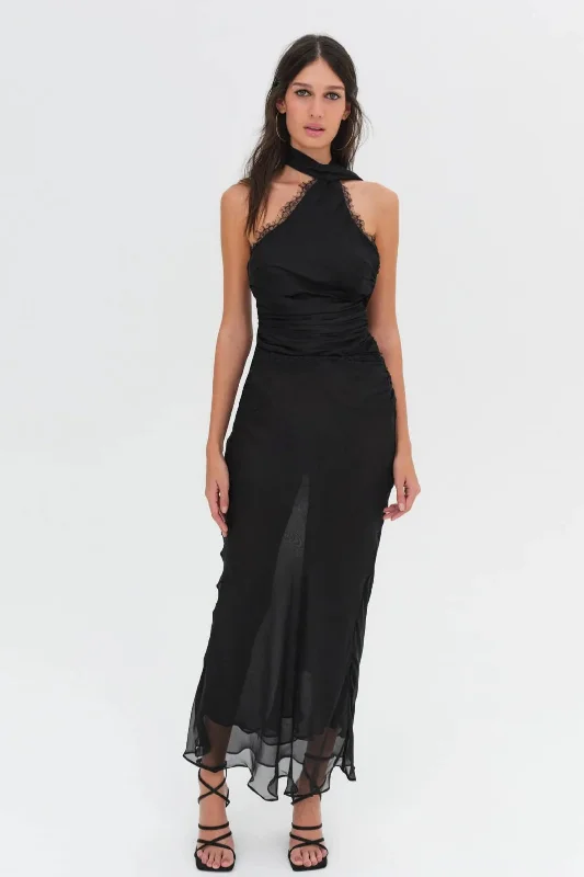 For Love & Lemons Angela Chiffon Maxi Dress - Black Trendy Maxi Dress with Belt