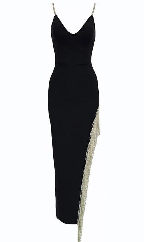 Forever In My Mind <br><span>Black Sleeveless Rhinestone Strap Crystal Fringe V Neck Cut Out Side Bodycon Bandage Maxi Dress</span> Cozy Open-Back Maxi Dress