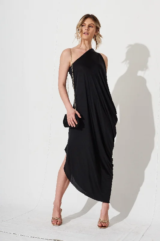 Goddess One Shoulder Maxi Dress in Black Elegant Sleeveless Maxi Dress