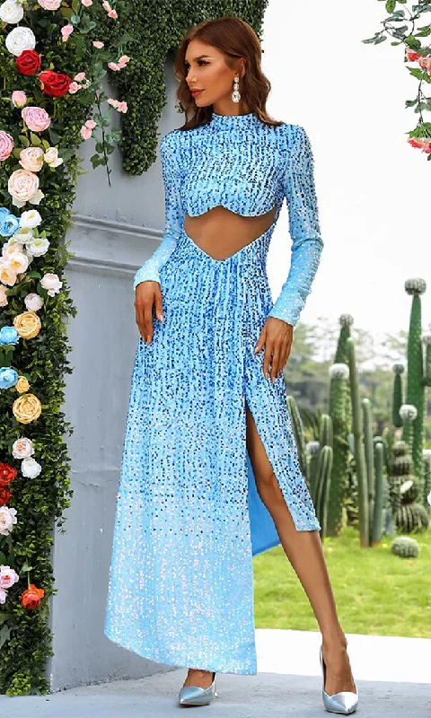 Going To The Ball Blue Sequin Long Sleeve Mock Neck Cut Out Waist High Low Asymmetric Maxi Dress Chic Button-Up Maxi Dress