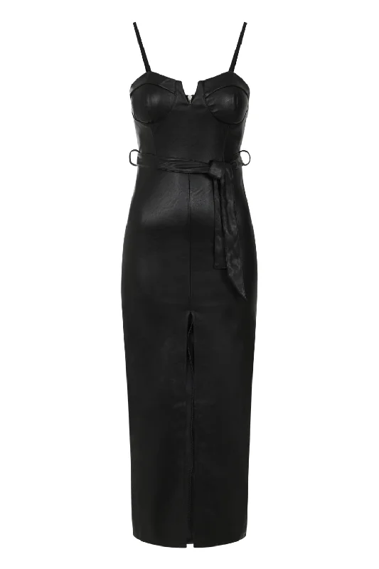 High Standards Black Leather Belted Split Maxi Dress Cozy Ruffle Sleeve Maxi Dress