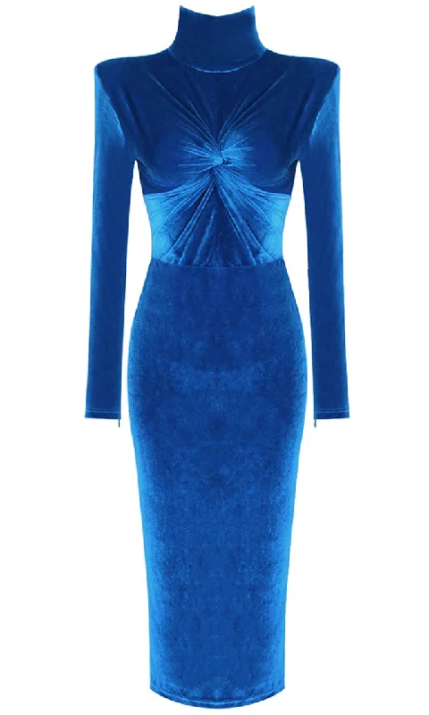 In Control <br><span>Royal Blue Velvet Long Sleeve Mock Neck Twist Knot Bodycon Maxi Dress</span> Fashionable High-Low Maxi Dress