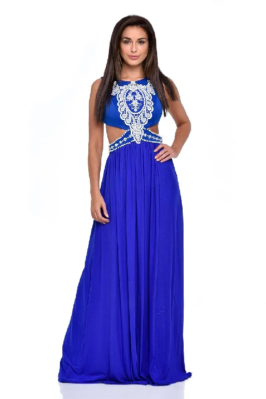 Laila Blue Cut-Out Waist Pearl Encrusted Grecian Goddess Maxi Dress Cozy Maxi Dress with Slit