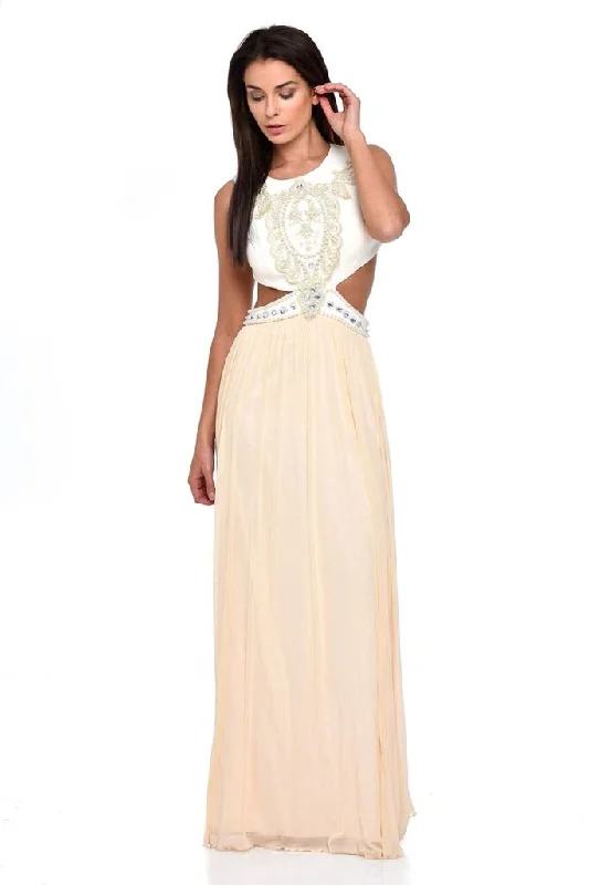 Laila Nude Cut-Out Waist Pearl Encrusted Grecian Goddess Maxi Dress Stylish Longline Maxi Dress