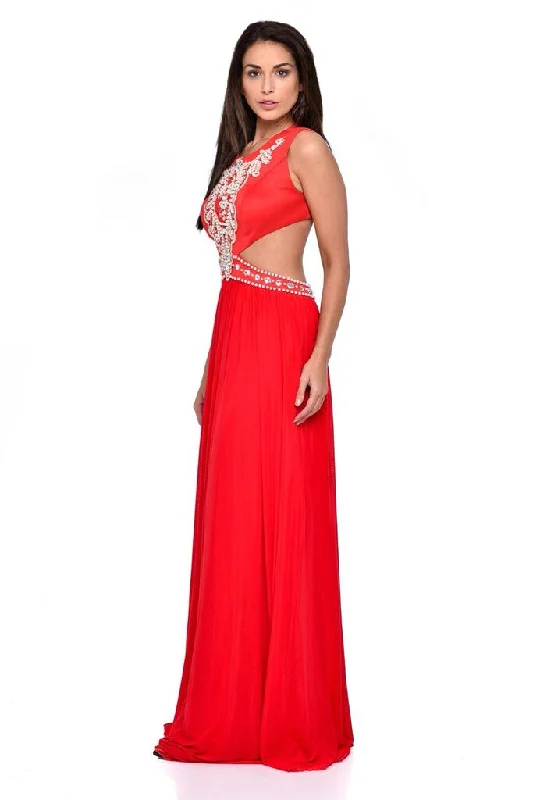 Laila Red Cut-Out Waist Pearl Encrusted Grecian Goddess Maxi Dress Comfortable Satin Maxi Dress