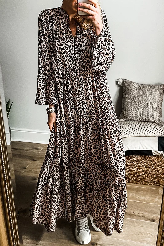 KaleaBoutique Leopard Print Tiered Wide Sleeve Maxi Dress Trendy Printed Maxi Dress