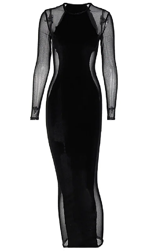 Let's Get Busy<br><span> Black Sheer Mesh Long Sleeve Round Neck Bodycon Maxi Dress</span> Fashionable Halter Neck Maxi Dress