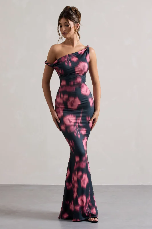 Lita | Pink Abstract Print Twisted Asymmetric Maxi Dress Comfortable Pleated Maxi Dress