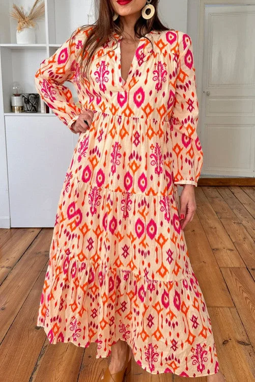 Long Sleeve Printed Maxi Dress (Preorder) Casual Maxi Dress with Pockets