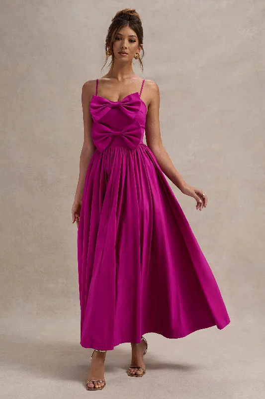 Loved Up | Fuschia Pink Strappy Pleated Maxi Dress With Bows Comfortable Long-Sleeve Maxi Dress