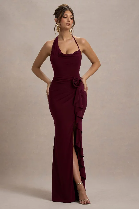 Lucena | Burgundy Cowl-Neck Wrap Maxi Dress With Floral Drape Comfortable Plunging Neckline Maxi Dress