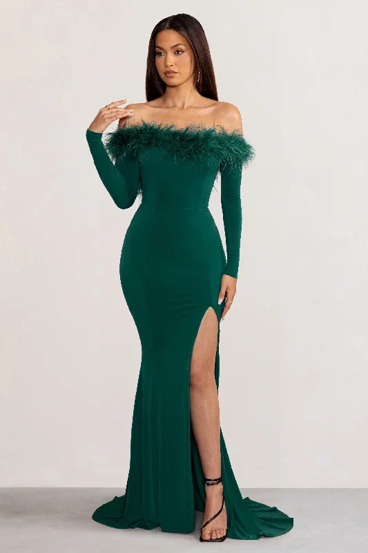 Lucilu | Bottle Green Feather Bardot Long Sleeve Maxi Dress with Side Split Comfortable Fit-and-Flare Maxi Dress