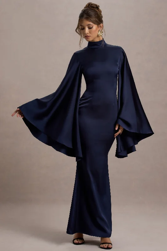 Maceline | Navy Satin High-Neck Maxi Dress With Cape Sleeves Comfortable Fitted Maxi Dress