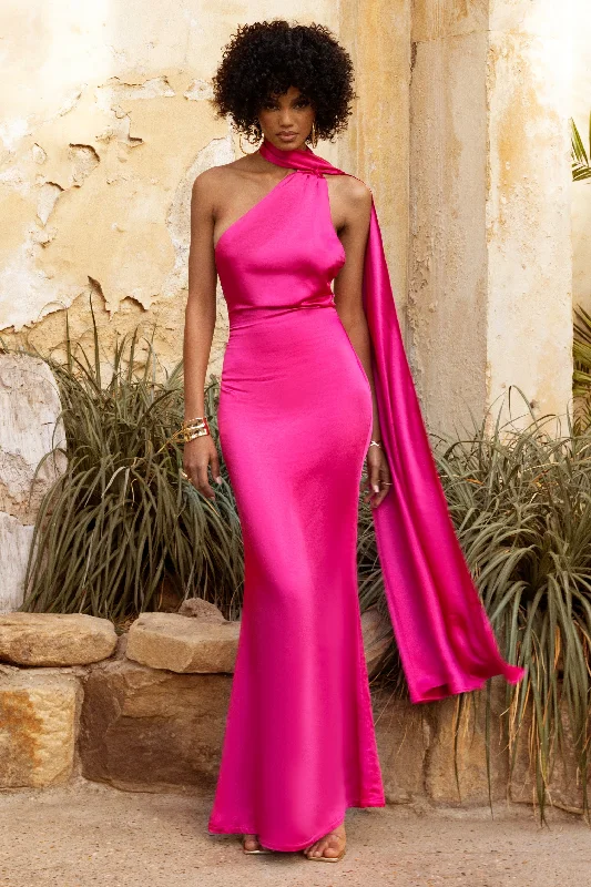 Mademoiselle | Hot Pink Asymmetric Scarf Neck Backless Maxi Dress Comfortable Pleated Maxi Dress