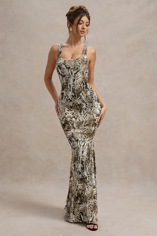 Mahina | Snake Print Square-Neck Maxi Dress Fashionable Maxi Dress with Fringe