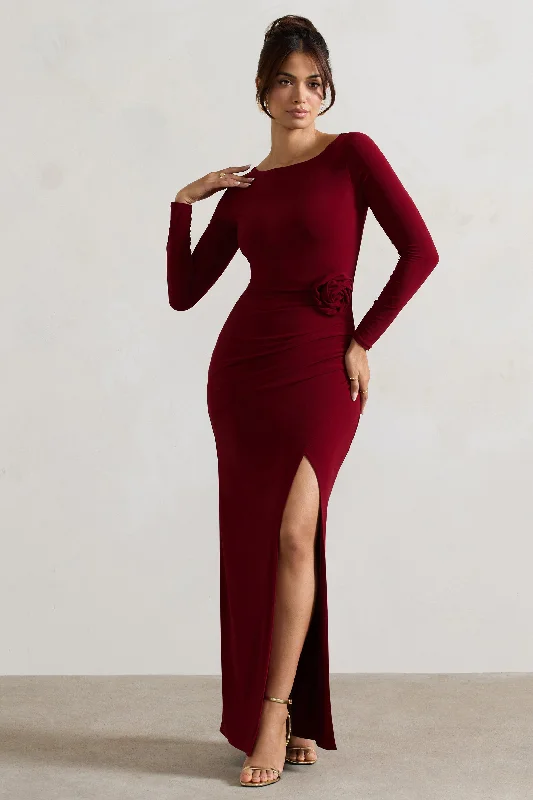 Makayla | Berry Long-Sleeve Wrap Maxi Dress With Corsages Elegant Maxi Dress with Slit