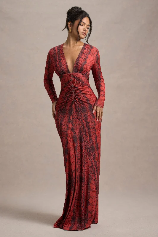 Mamba | Red Snake Print Plunge-Neck Long-Sleeve Maxi Dress Stylish Boho Chic Maxi Dress