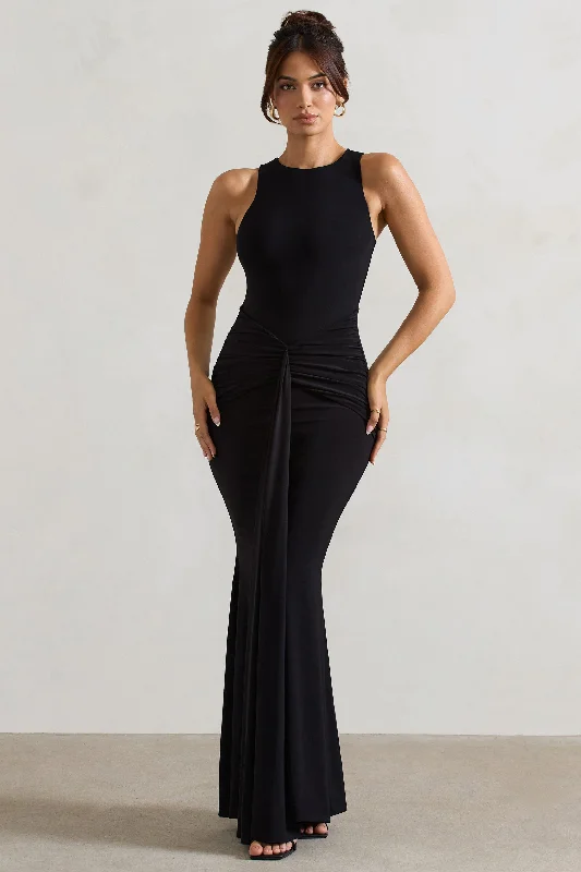 Maren | Black Racer-Neck Gathered Maxi Dress With Drape Classic A-Line Maxi Dress