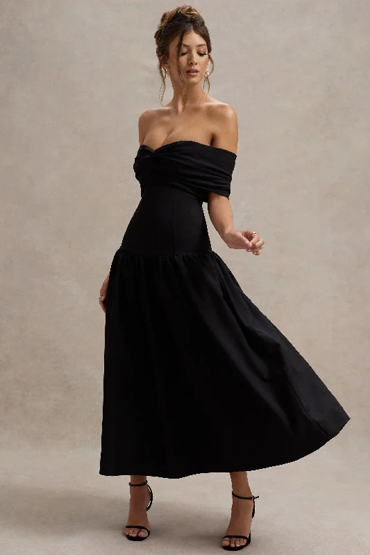 Marguerite | Black Twisted Bardot Drop-Waist Maxi Dress Trendy Off-Shoulder Ruffle Maxi Dress