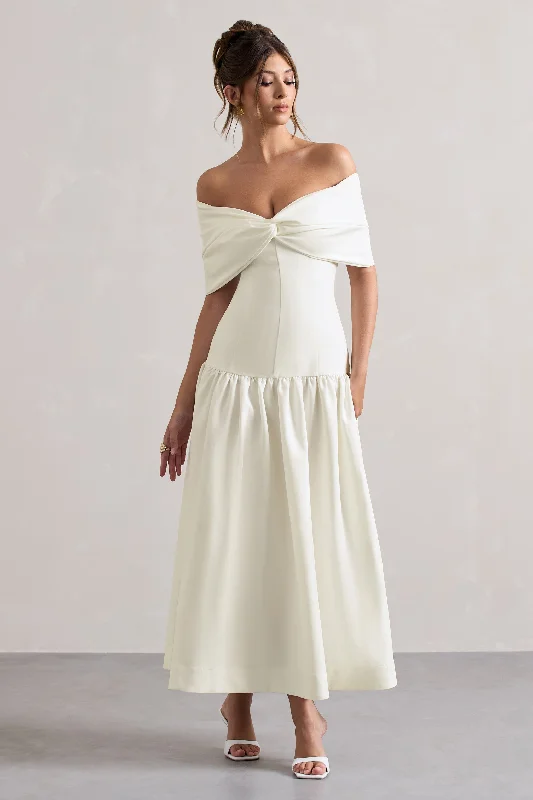 Marguerite | White Twisted Bardot Drop-Waist Maxi Dress Trendy Satin Maxi Dress