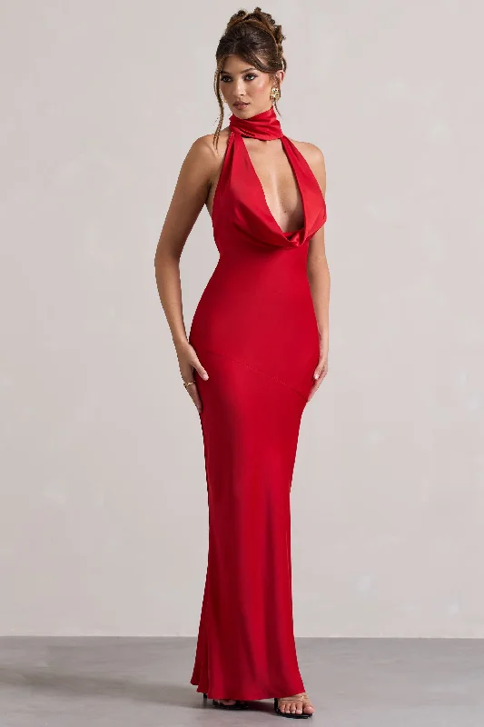 Matea | Red Satin Cowl-Neck Maxi Dress Elegant Tiered Maxi Dress