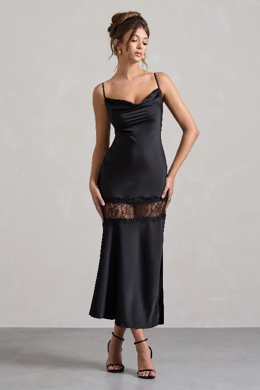 Matera | Black Satin Cowl-Neck Lace Trim Maxi Dress Chic Summer Maxi Dress