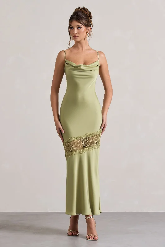 Matera | Light Olive Satin Cowl-Neck Lace Trim Maxi Dress Comfortable Casual Maxi Dress