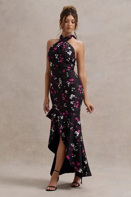 Melodia | Black Ditsy Floral Print Satin Halter-Neck Ruffled Maxi Dress Trendy Printed Maxi Dress