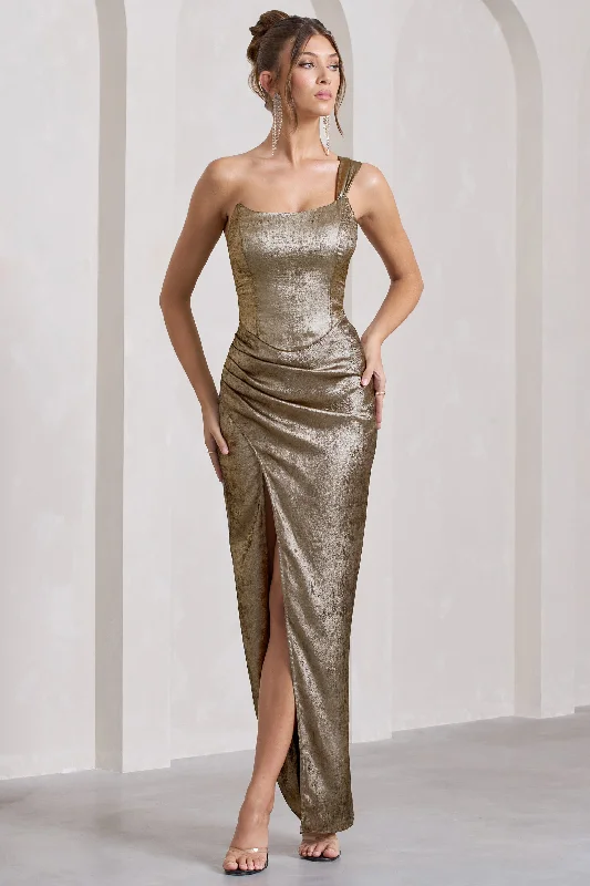 Mercy | Gold Metallic One-Shoulder Corseted Wrap Maxi Dress Fashionable Off-Shoulder Maxi Dress