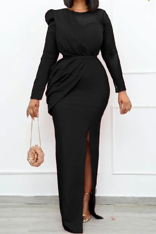 Mesh Patchwork Glamorous Ruched Design High Split Belted Maxi Dress Stylish Maxi Dress with Frills