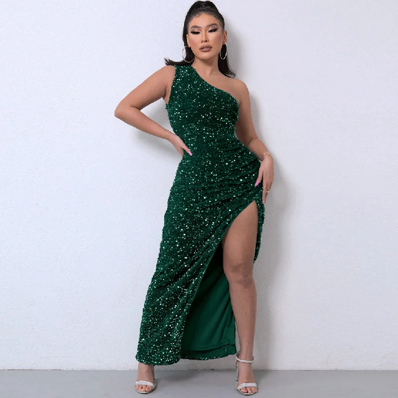 Shimmery Sequin High Split One Shoulder Gown Maxi Dress - Emerald Green Fashionable Layered Maxi Dress