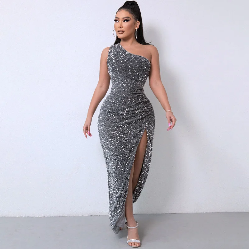 Shimmery Sequin High Split One Shoulder Gown Maxi Dress - Dark Gray Elegant Wraparound Maxi Dress