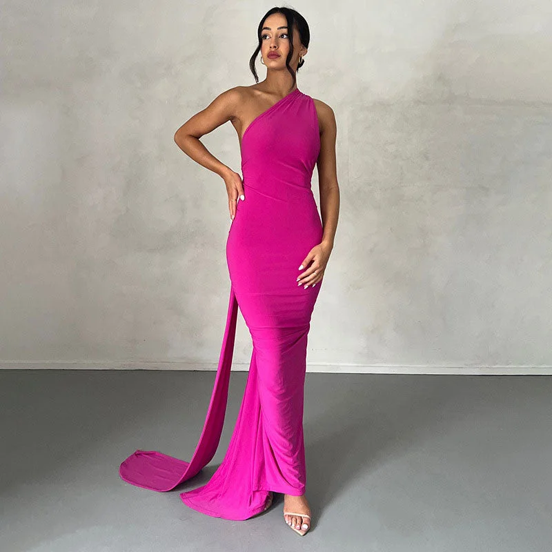 Solid Color One Shoulder Ruched Evening Maxi Dress - Hot Pink Cozy Spaghetti Strap Maxi Dress