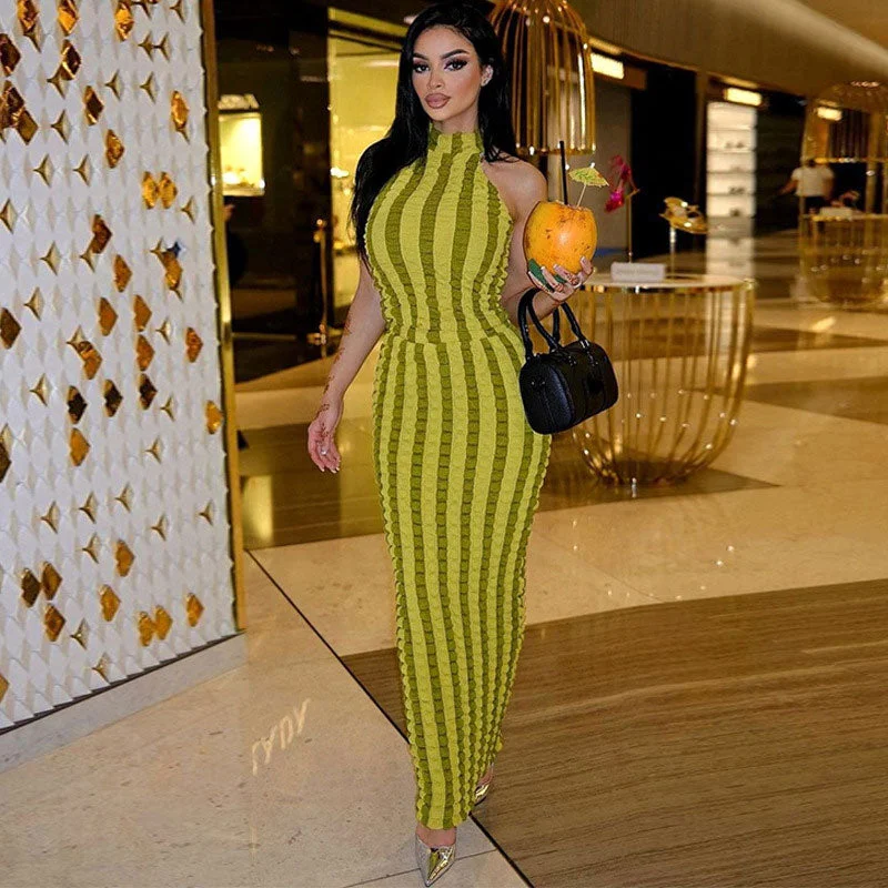 Popcorn Striped High Neck Sleeveless Bodycon Maxi Dress - Green Cozy Ribbed Maxi Dress