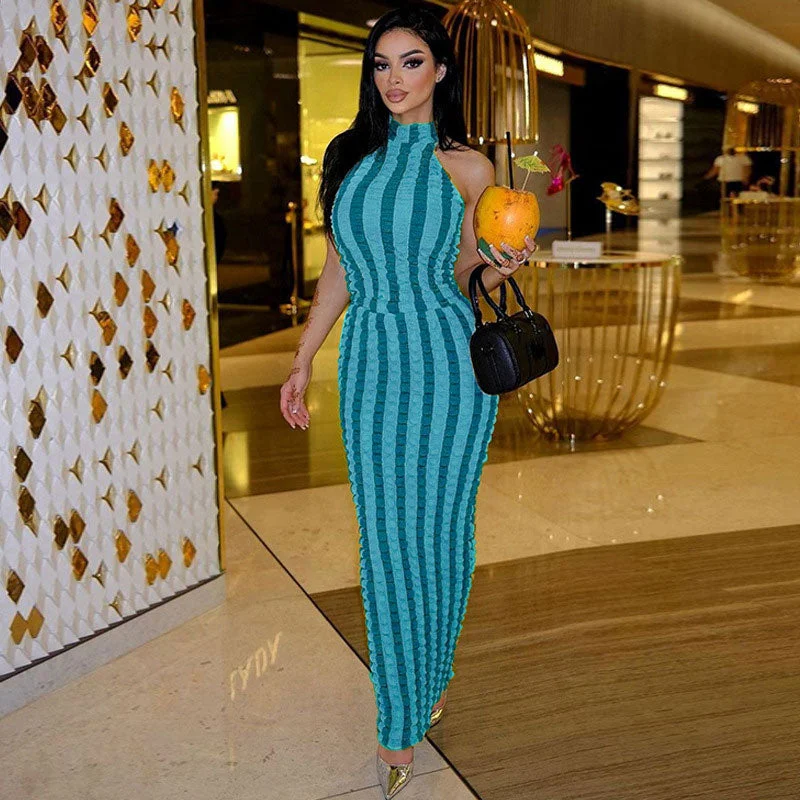 Popcorn Striped High Neck Sleeveless Bodycon Maxi Dress - Blue Comfortable Casual Maxi Dress