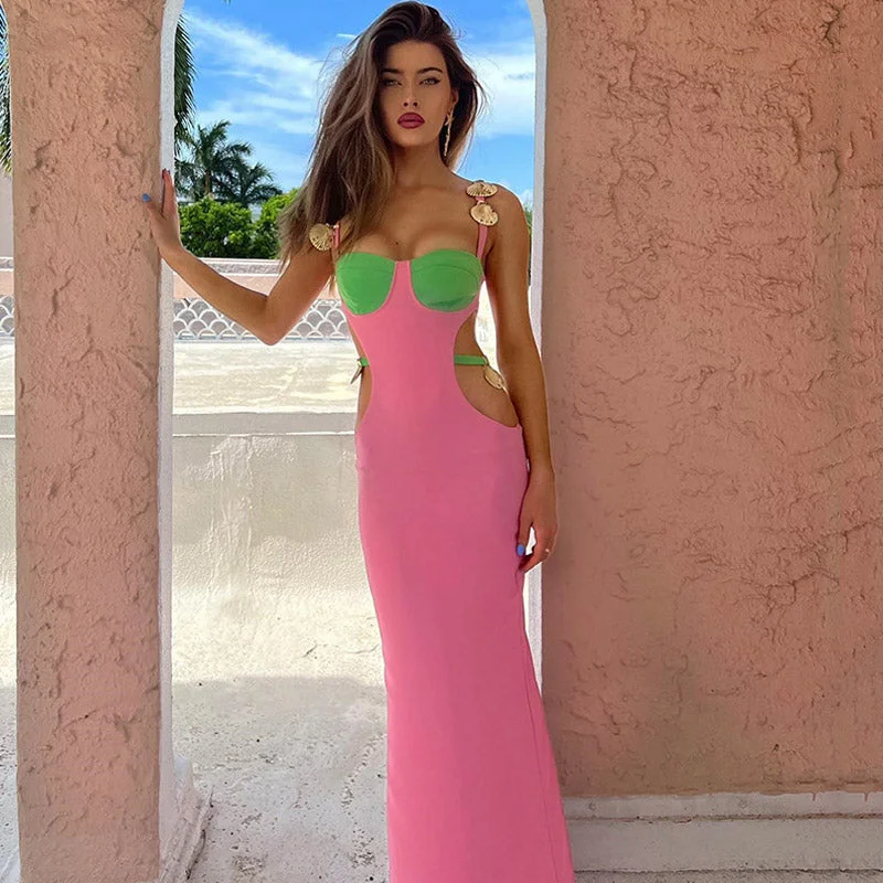 Contrast Color Shells Sleeveless Cutout Prom Maxi Dress - Pink Classic Strapless Maxi Dress