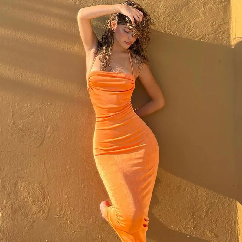 Pretty Cowl Neck Strappy Draped Maxi Dress - Bright Orange Fashionable Asymmetrical Maxi Dress