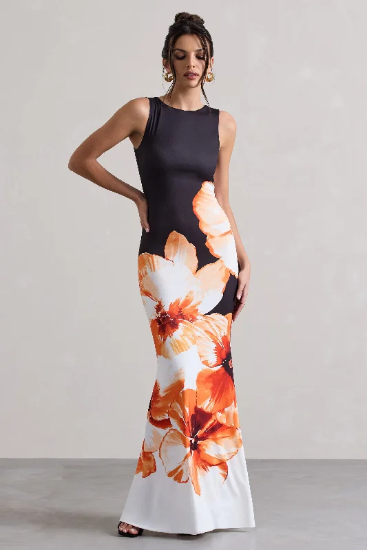 Micah | Black & Orange Floral Print Racer-Neck Maxi Dress Stylish Boho Maxi Dress