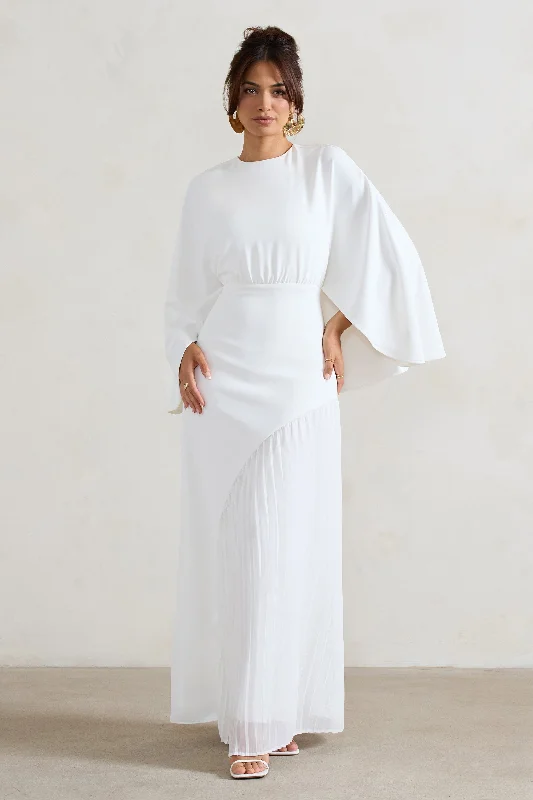 Milly | White Cape Maxi Dress With Asymmetric Chiffon Hem Cozy Maxi Dress with Slit