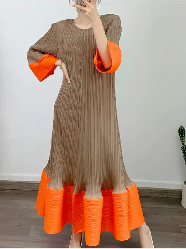 Miyake Pleated Contrast Patchwork O-Neck Maxi Dress Fashionable Chiffon Tiered Maxi Dress