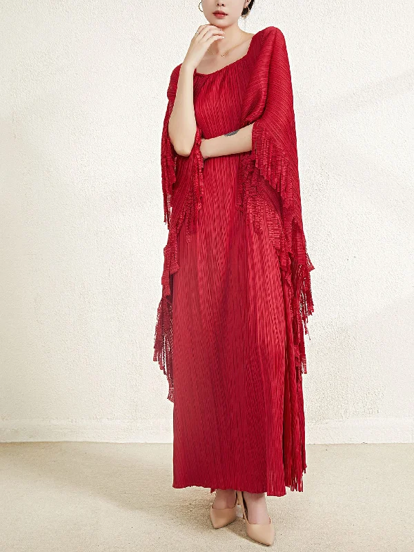 Miyake Pleated Flare Sleeves Maxi Dress with Fringe Detail Comfortable Cotton Maxi Dress