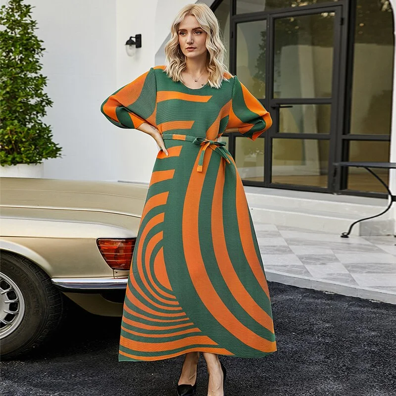 Miyake Pleated Striped Tie-Waist Maxi Dress Stylish A-Line Maxi Dress