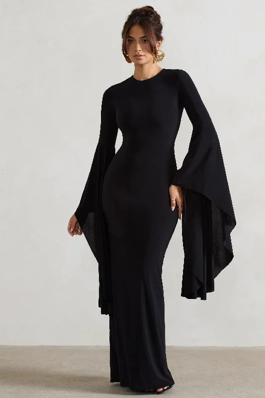 Modena | Black Waterfall Sleeve Maxi Dress Elegant Maxi Dress with Drapes