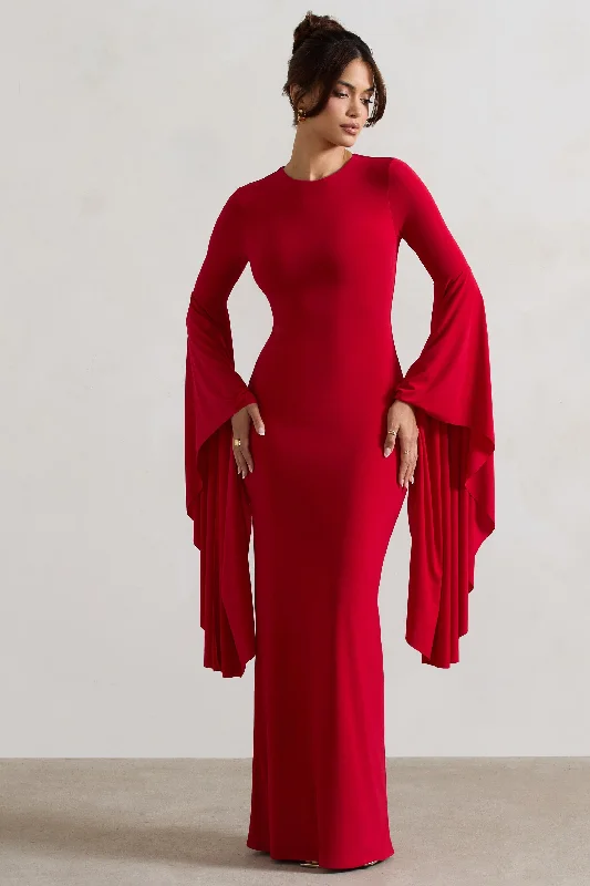 Modena | Red Waterfall Sleeve Maxi Dress Elegant Pleated Maxi Dress